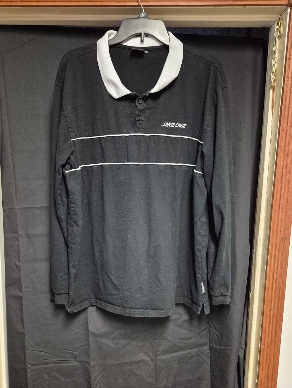 Santa Cruz Black Long-Sleeve Polo with White Collar and Piping